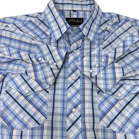White Horse Mens Blue Plaid Western Pearl Snap Buttons Long Sleeve Shirt Large - Picture 10 of 11